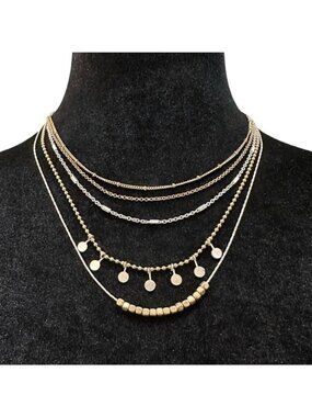 Layered Gold Silver Multi-Strand Necklace With Beads Small Disc Charms